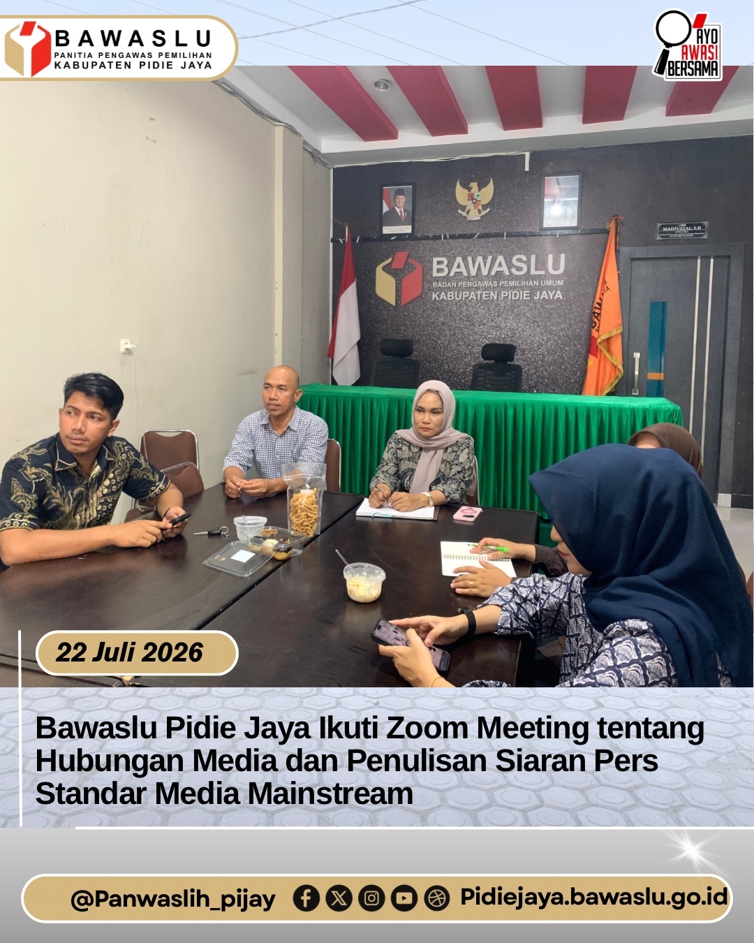 Bawaslu Pidie Jaya Ikuti Zoom Meeting tentang Hubungan Media dan Penulisan Siaran Pers Standar Media Mainstream