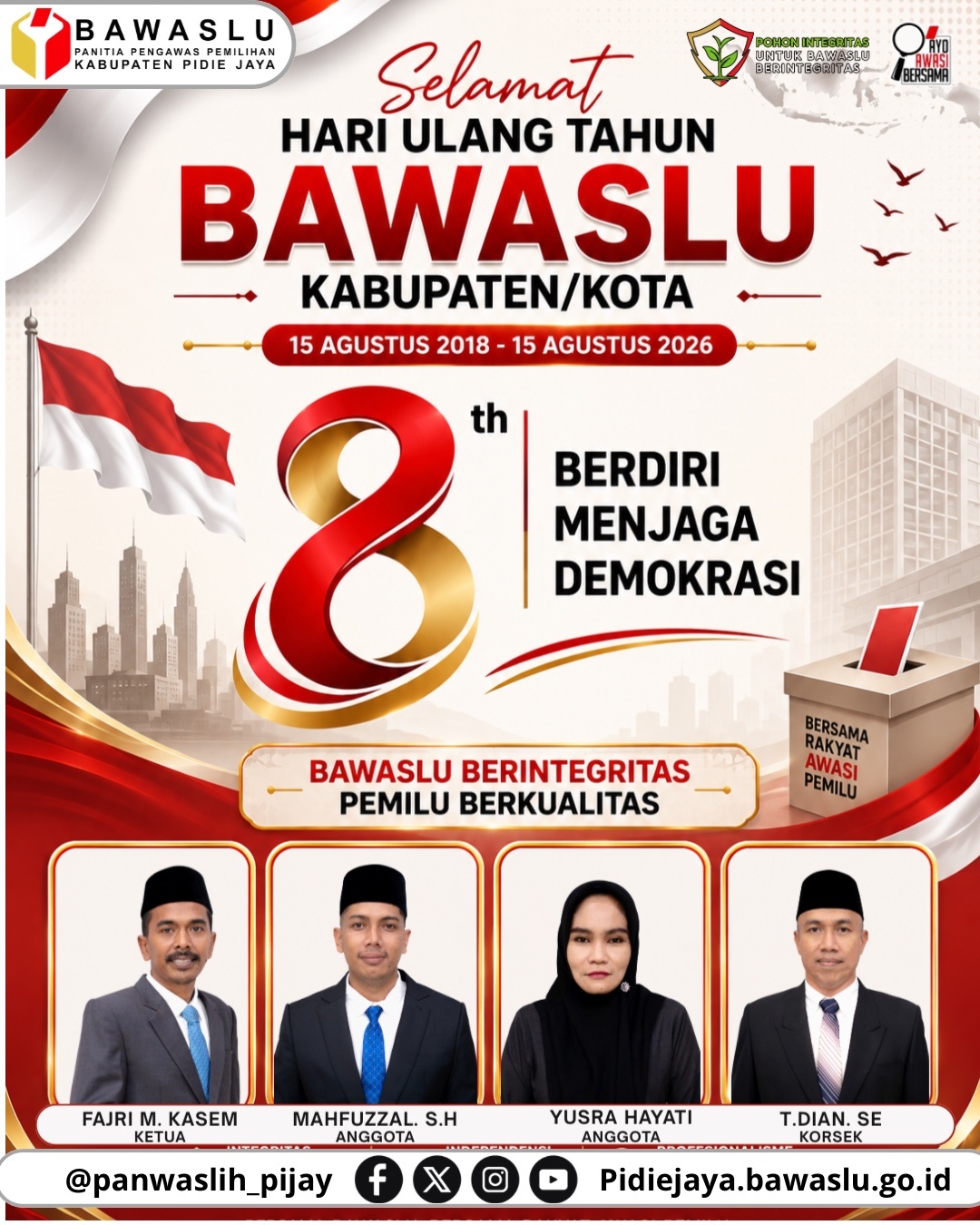 Selamat Hari Ulang Tahun ke-8 Bawaslu Kabupaten/Kota, yang diperingati pada 15 Agustus 2018–15 Agustus 2026.