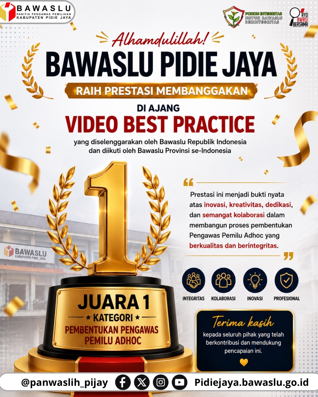 Bawaslu Pidie Jaya Raih Juara 1 Video Best Practice Pembentukan Pengawas Pemilu Adhoc